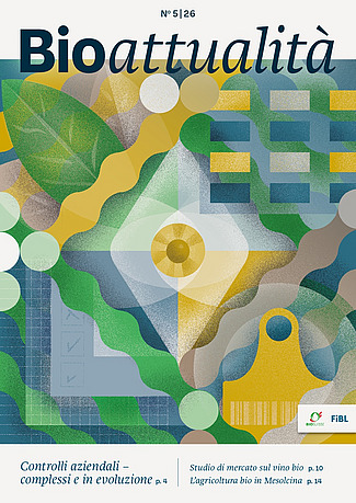 Copertina di Bioattualità 5|26: Un'illustrazione composta principalmente da giallo, blu e verde, con una lista di controllo, un foglio, una tabella e una ruota.